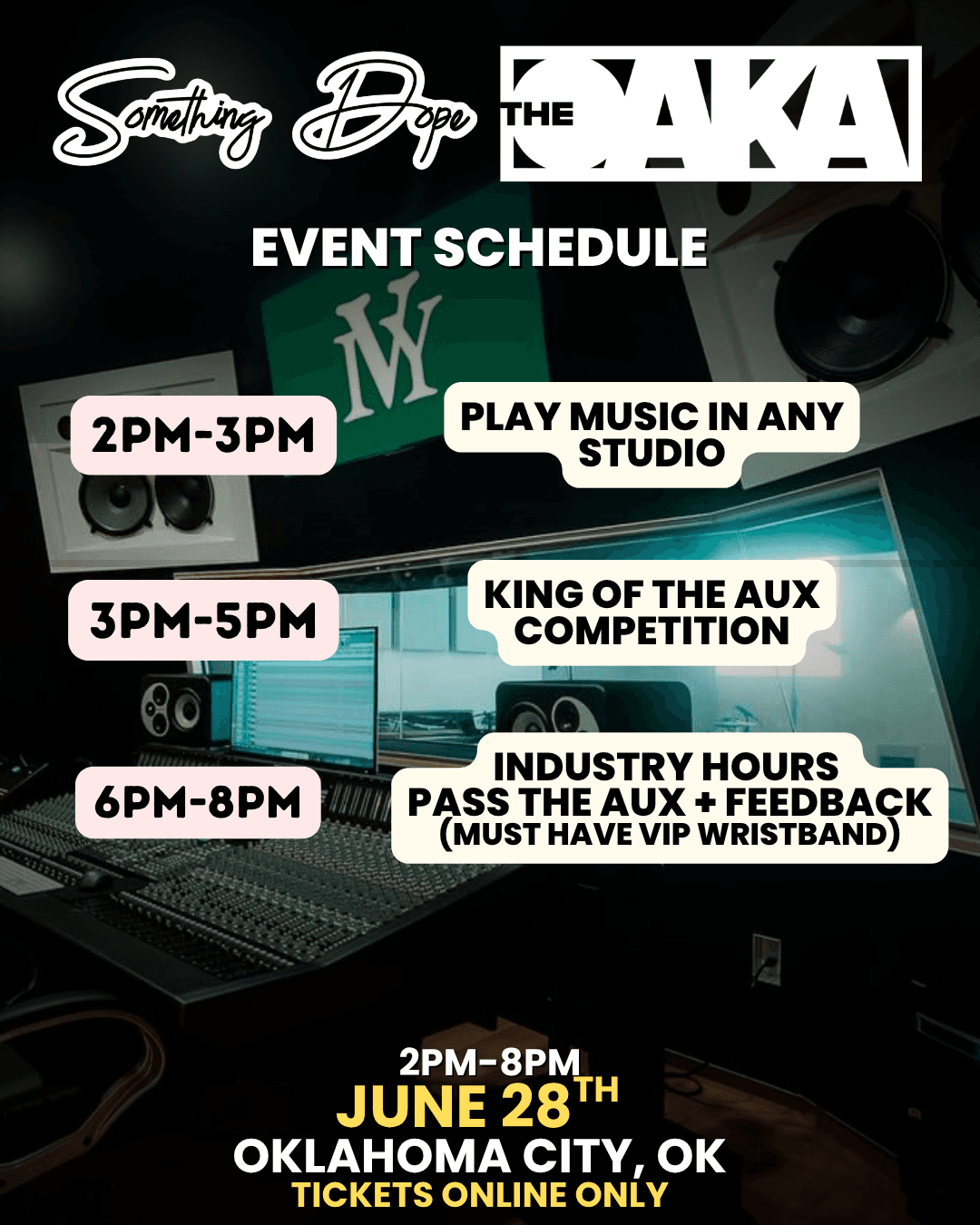 Pass The Aux + King of the Aux Battle schedule: 2 to 3 PM play music in any studio, 3 to 5 PM King of the Aux competition, 6 to 8 PM industry hours Pass The Aux plus feedback (VIP wristband required)