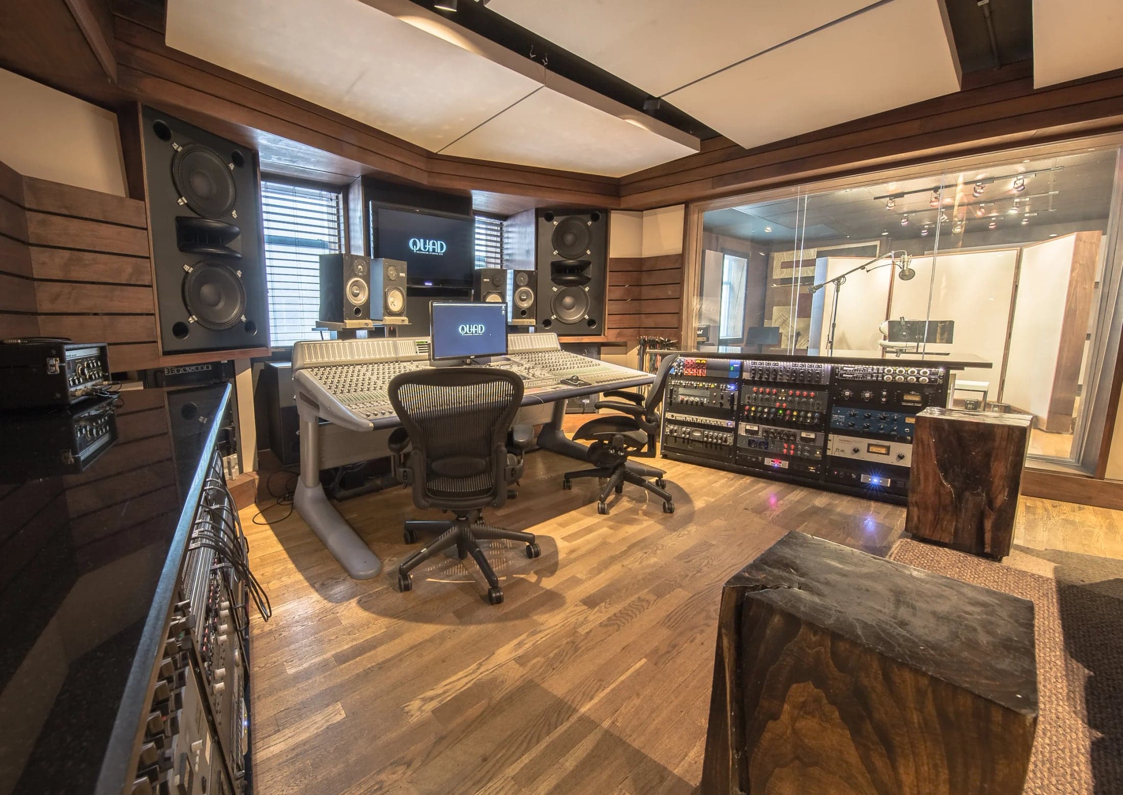 Studio Q1 control room, looking through to the live room