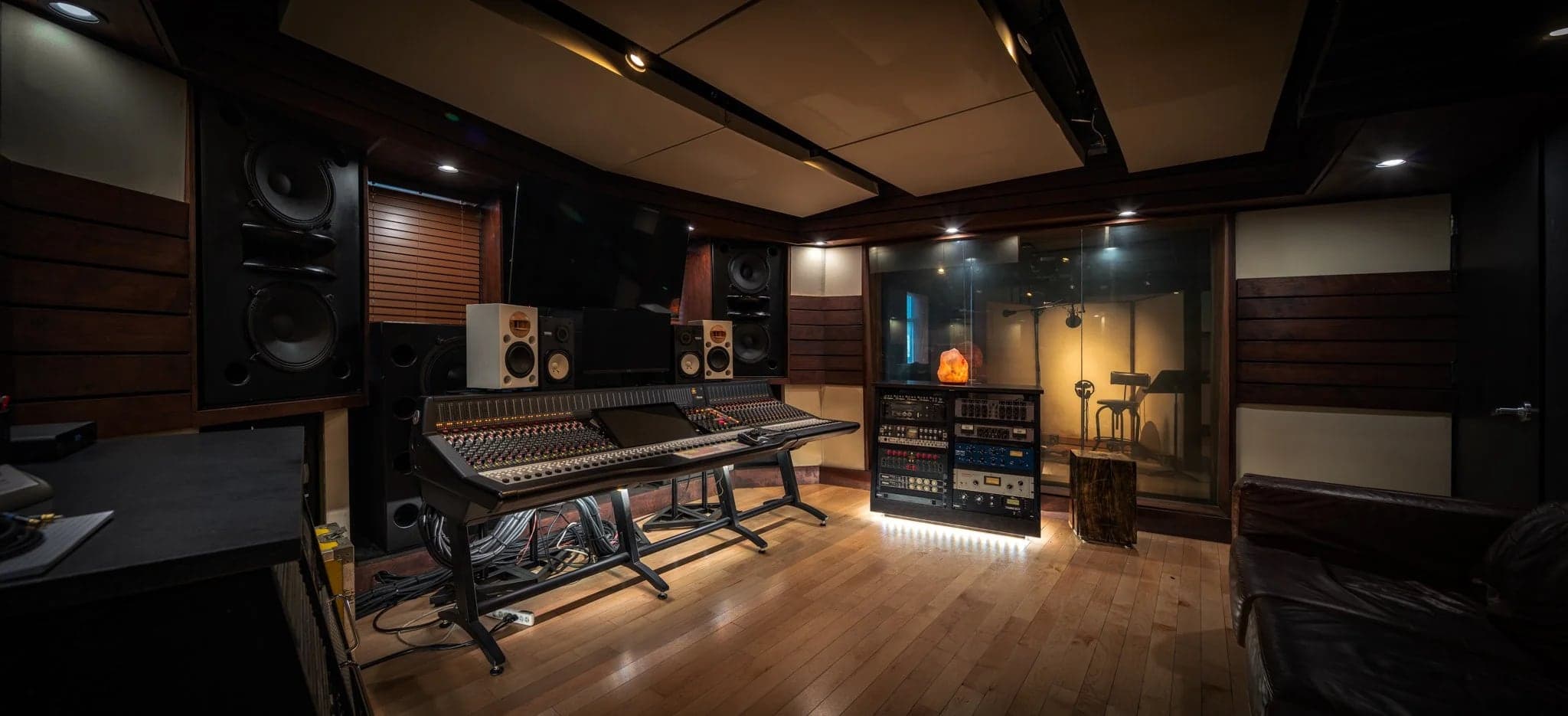 Studio Q1 at Quad Recording Studios: the console, the monitoring, and the live room through the glass